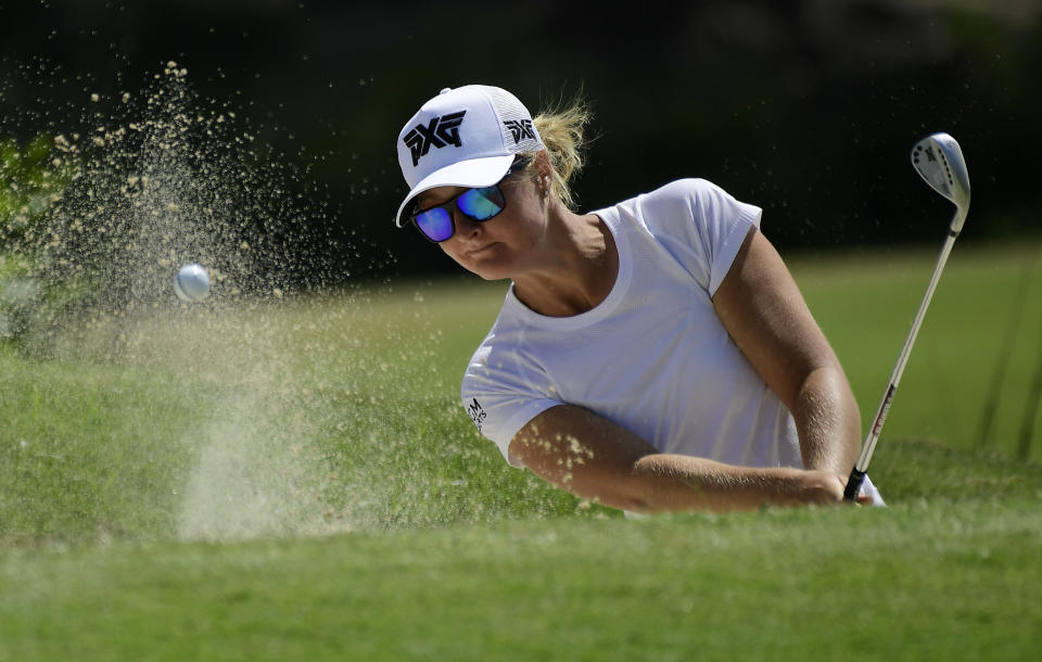 Anna Nordqvist, of Sweden, hits out of a bunker on the fourth hole during the first round of the HUGEL-Air Premia LA Open golf tournament at Wilshire Country Club Thursday, April 25, 2019, in Los Angeles. (AP Photo/Mark J. Terrill)