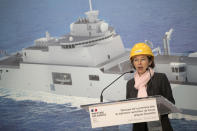 FILE - In this May 18, 2020 file photo, French Defense Minister Florence Parly speaks as she attends the first sheet metal cut ceremony of the C35 force refueling vessel, at the Chantiers de l'Atlantique shipyard in Saint-Nazaire, western France. France's Defense Minister Florence Parly admitted to lying about virus protections for air force personnel who evacuated French citizens from Wuhan and have been suspected of links to France's first confirmed COVID-19 cluster. (Loic Venance, pool via AP, File)