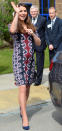 <p>Kate turned up to a school event in a printed shift dress by Erdem. Navy suede Stuart Weitzman pumps and a matching clutch topped off the look.</p><p><i>[Photo: PA]</i></p>