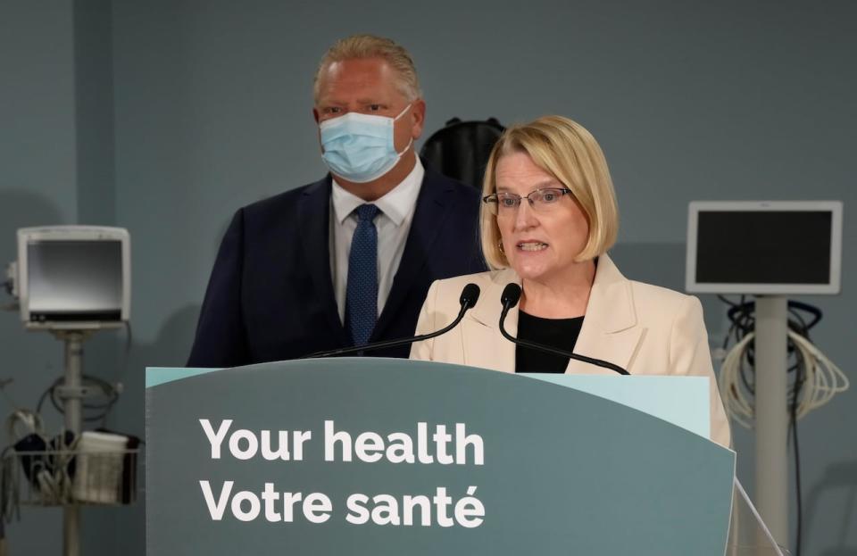 Ontario Health Minister Sylvia Jones makes an announcement on health care with Premier Doug Ford in Toronto, Monday, Jan. 16, 2023.