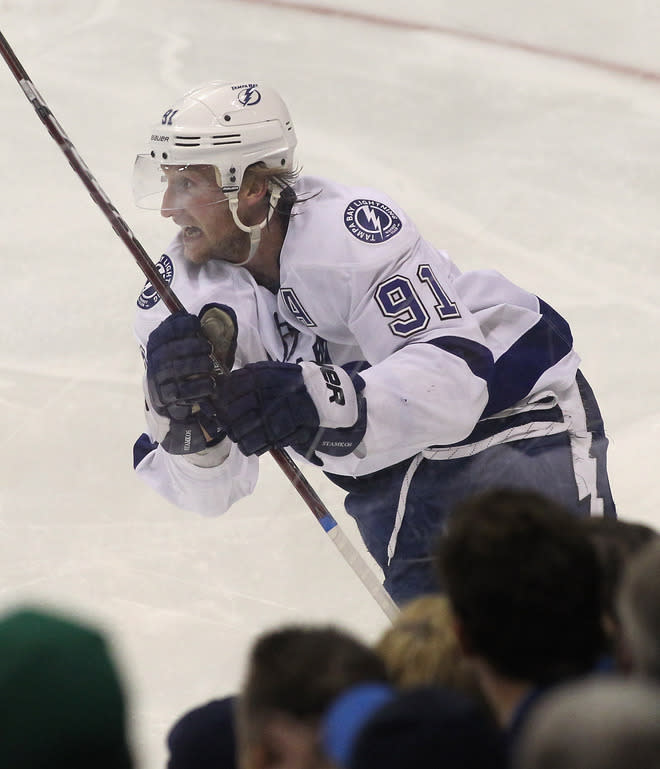 WINNIPEG, CANADA - APRIL 7: Steven Stamkos #91 of the Tampa Bay Lightning celebrates his goal against the Winnipeg Jets in the third period in NHL action at the MTS Centre on April 7, 2012 in Winnipeg, Manitoba, Canada. The goal was his 60th of the season. (Photo by Marianne Helm/Getty Images)