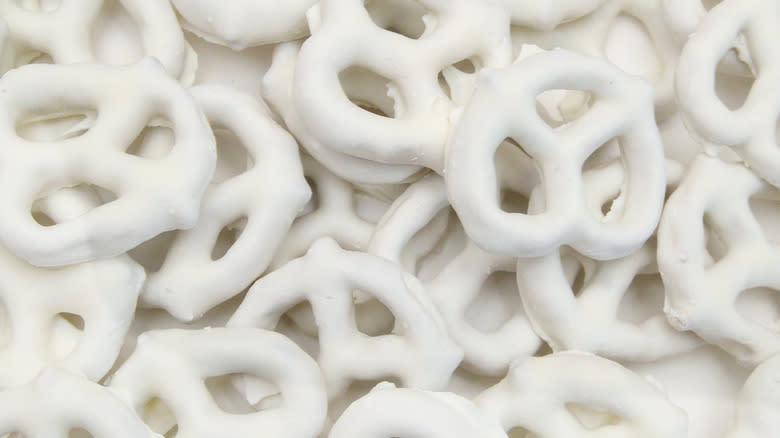 Close-up of yogurt-covered pretzels