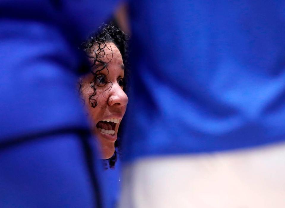 Duke head coach Kara Lawson speaks with her team in the huddle during the first half of the Blue Devils’ game against N.C. State on Sunday, Feb. 25, 2024, at Cameron Indoor Stadium in Durham, N.C.