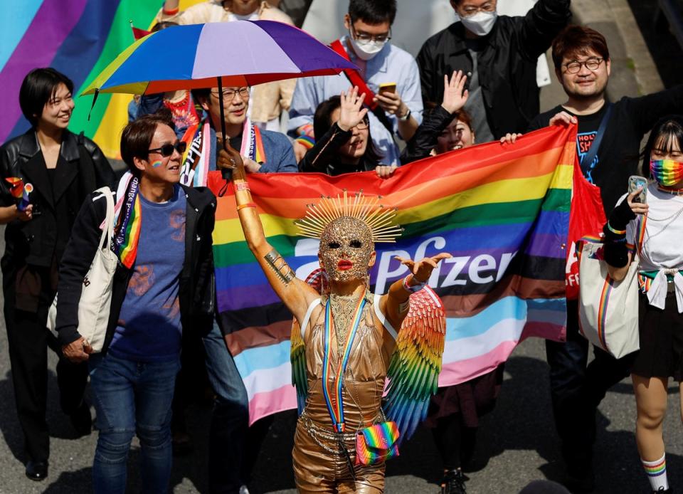 Participants march during the Tokyo Rainbow Pride parade in April 2023 (REUTERS)