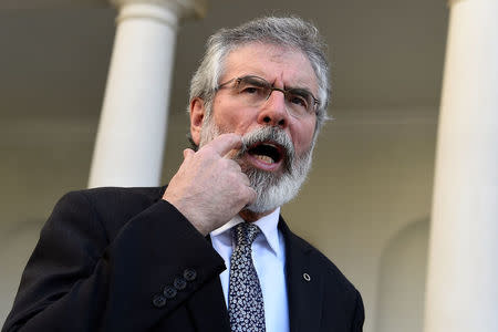 Sinn Fein president Gerry Adams speaks during an interview with Reuters at Government buildings in Dublin, Ireland March 9, 2017. REUTERS/Clodagh Kilcoyne