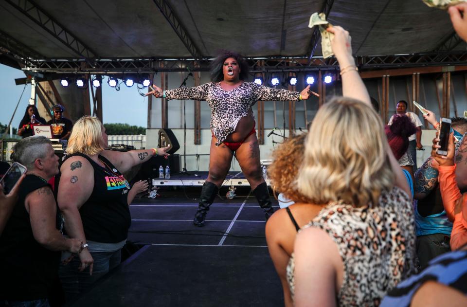 At the Four Roses Rainbow stage, drag performers entertained the raucous crowd during the 2019 Kentuckiana Pride Festival at the Big Four Lawn Saturday. Thousands showed up to dance at the live music and dj sets.