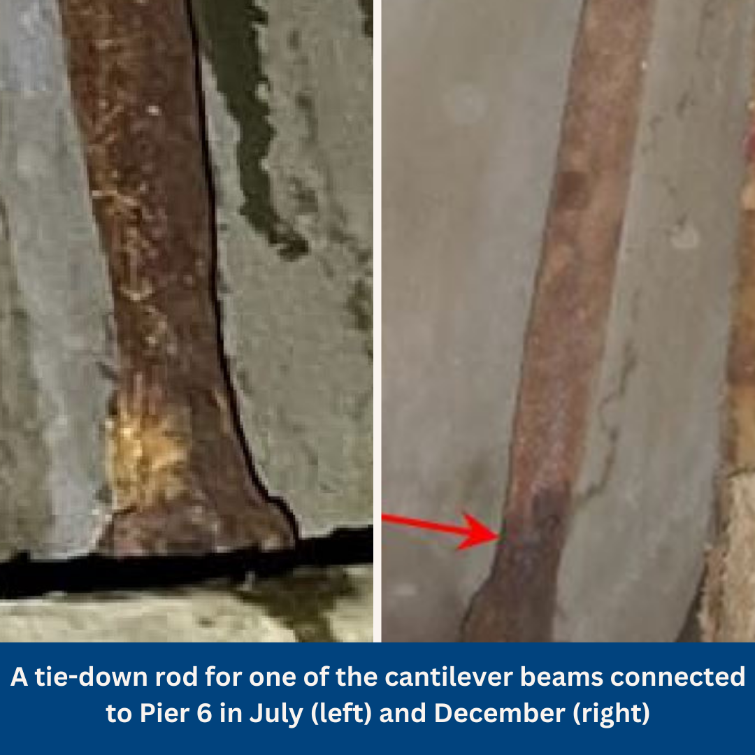 A tie-down rod for one of the cantilever beams connected to Pier 6 as photographed in July and December 2023.