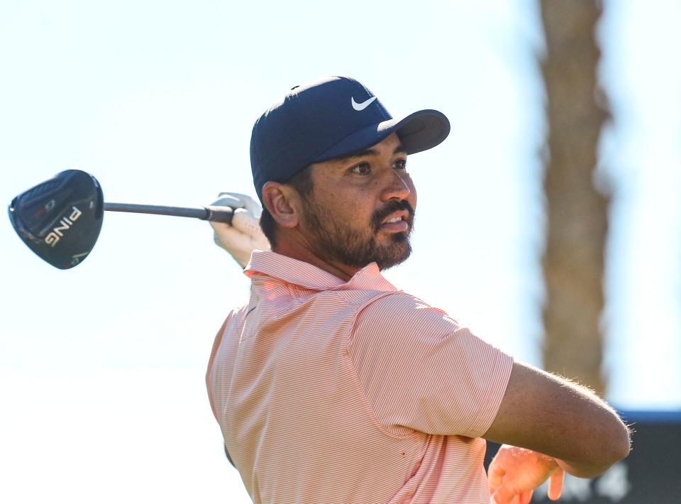 Jason Day watches his drive shot from the 18th tee during the first round of the American Express at the PGA West Nicklaus Tournament Course in La Quinta, Calif., Thursday, Jan. 20, 2022. 