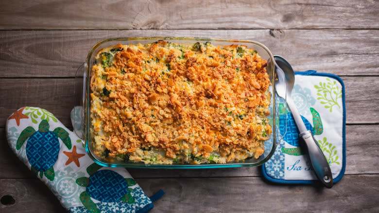 chicken broccoli casserole in pan