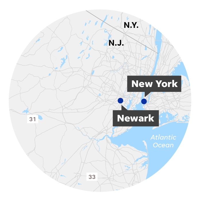 Newark, NJ and New York, NY locator map