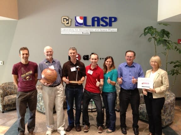 MAVEN science team members are raring to get to Mars. From left to right: Jasper Halekas, Bruce Jakosky, Dave Brain, Rob Lillis, Tess McEnulty ( MAVEN science data team), Joe Grebowsky and Janet Luhmann.