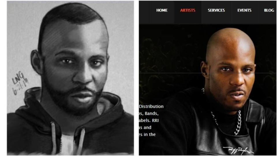 A Columbia Police Department sketch done by SLED of a shooting suspect beside a screen shot of a DMX photo from Ruff Ryders’ website.