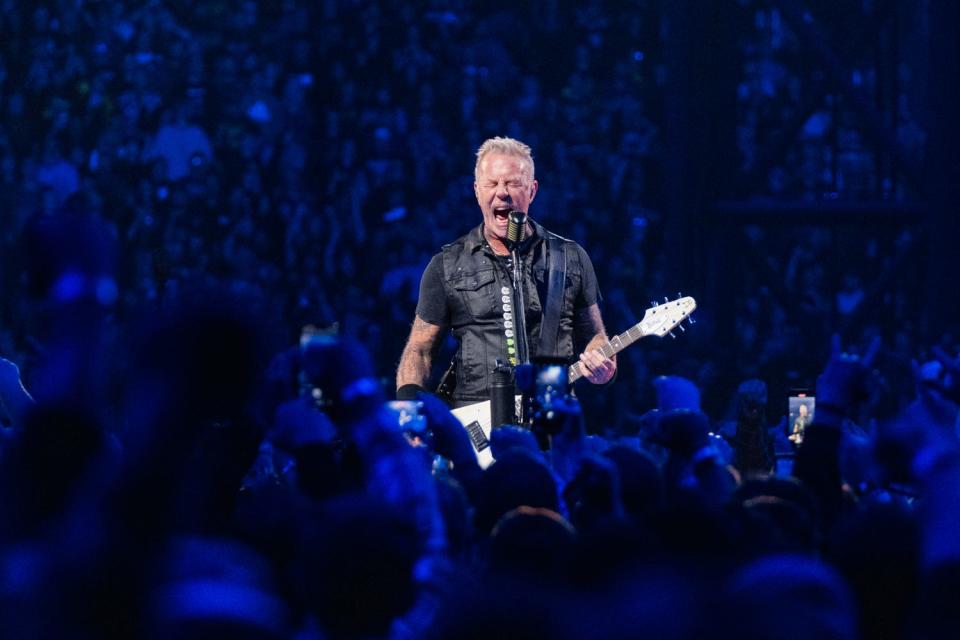 James Hetfield performs with Metallica at Ford Field in Detroit on Nov. 12, 2023.