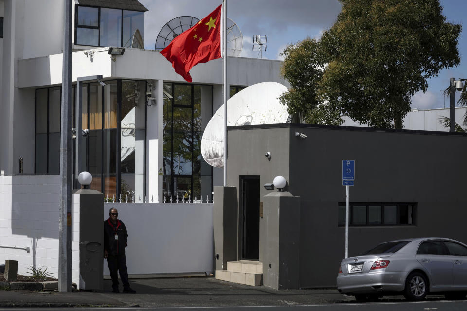 The Chinese flag flies at the Chinese Consulate in Auckland, New Zealand, Tuesday, March 26, 2024. Hackers linked to the Chinese government launched a state-sponsored operation that targeted New Zealand's Parliament in 2021, the country's security minister said. (Jason Oxenham/New Zealand Herald via AP)