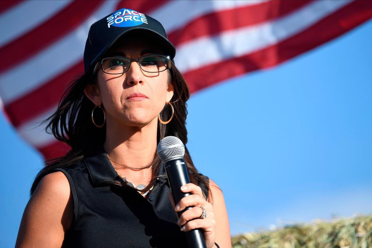 <p>File Image: Lauren Boebert, the Republican candidate for the US House of Representatives seat in Colorado's 3rd Congressional District, addresses supporters during a campaign rally in Colona, Colorado on 10 October 2020</p> (Getty Images)