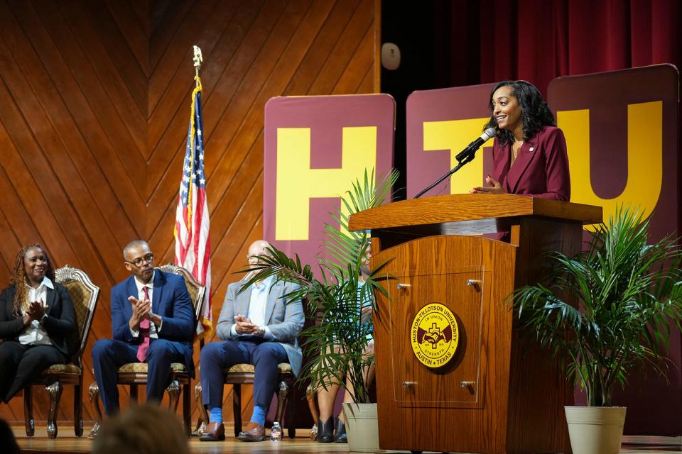Huston-Tillotson University President Melva K. Wallace announces the new Boldly BLUE initiative at the Austin university last week. The maternal health program's acronym stands for birthing, learning, understanding and empowering.