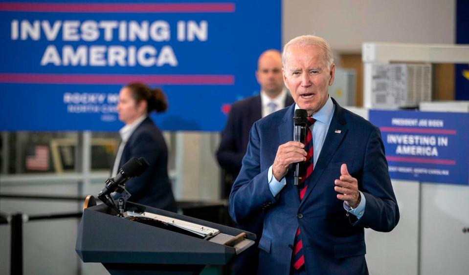 President Joe Biden will visit Charlotte Thursday following a shooting that killed four law enforcement officers and injured others. In this 2023 file photo, Biden touts the $23.7 million investment that North Carolina received from his American Rescue Plan during a visit to Nash Community College.