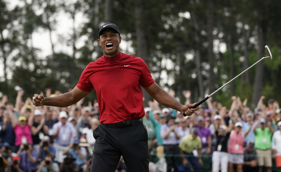 FILE - In this April 14, 2019, file photo, Tiger Woods reacts as he wins the Masters golf tournament in Augusta, Ga. Because of the coronavirus pandemic, the Masters is being held in November (Nov. 12-15) for the first time. (AP Photo/David J. Phillip, File)