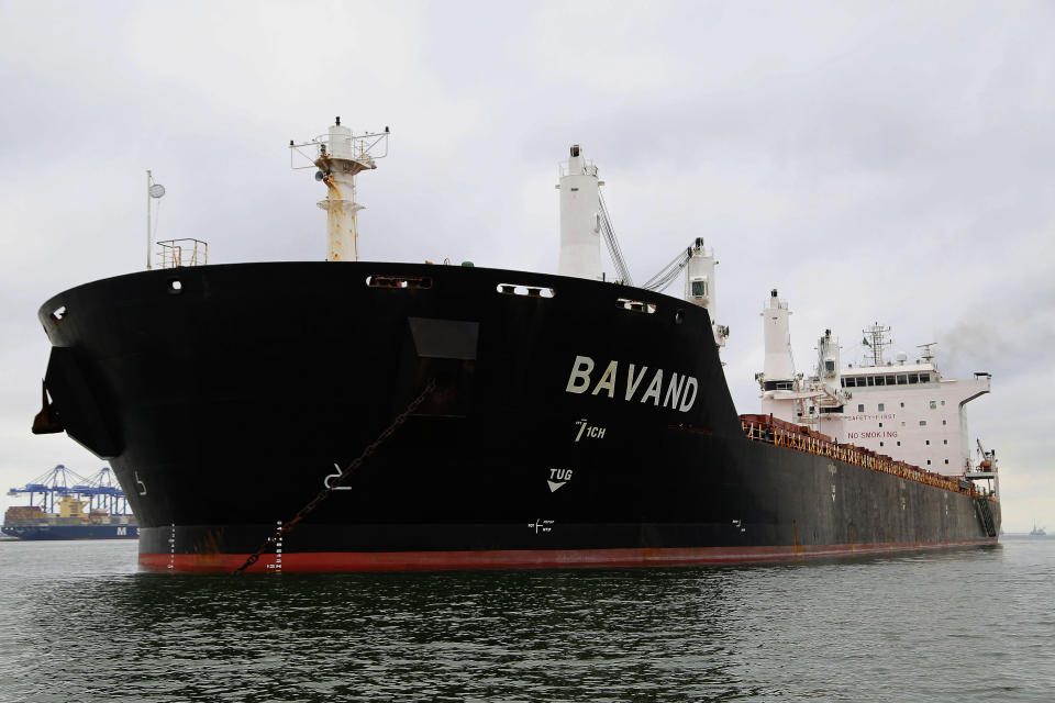 The Bavand, one of two stranded Iranian vessels, sits anchored at the port in Paranagua, Brazil, Thursday, July 25, 2019. Brazil's top court says state oil company Petrobras must supply fuel to the two Iranian vessels that have been stranded off the coast of Parana state since early June. Petrobras has been refusing to provide fuel to the two vessels, arguing that they appear on a U.S. sanctions list and that the company would risk significant fines. (AP Photo/Giuliano Gomes)