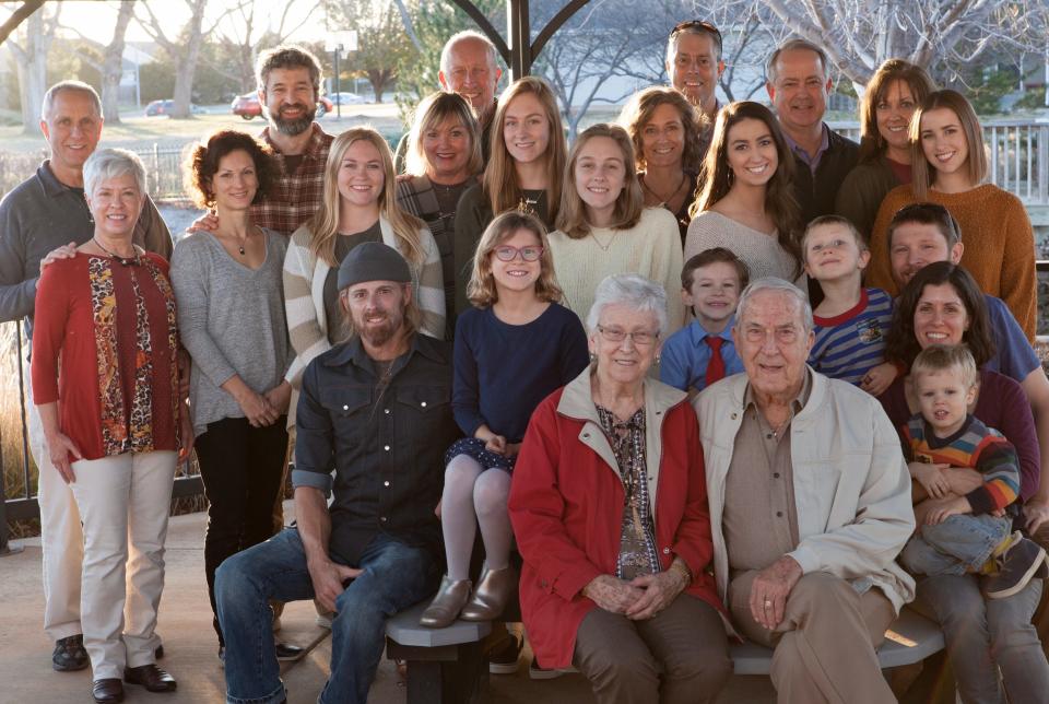 A family photo taken at Marlin and Velma's 70th anniversary back in 2018. Back to front, left to right: Ken Kuiper, Matthew Carey, Alan Ames, Eric Ames, Brian Carlgren, Katy Ames, Sydney Ames, Amy Ames, Kendi Carlgren, Marla Kuiper, Malani Kuiper, Kim Castle Fort, Reagan Ames, Madi Carlgren, Makenzi Carlgren, Aron Ames, Bryce Carey, Hayden Carey, Tavish Fisher, Tom Fisher, Kaili Kuiper, Kian Fisher, Velma Ames and Marlin Ames.