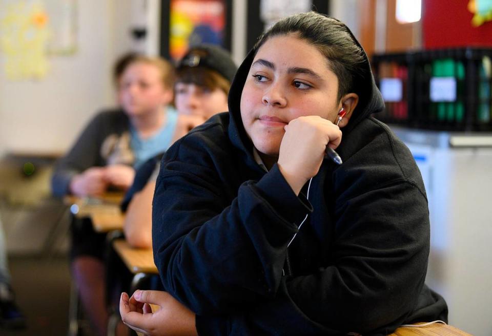 Kinaleishka Ocasio, 17, a senior at Encina Preparatory School listens to a lesson in class, Thursday, November 7, 2019.