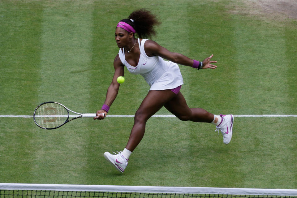 Serena Williams of the USA returns the ball during her Ladies Singles final match against Agnieszka Radwanska of Poland on day twelve of the Wimbledon Lawn Tennis Championships at the All England Lawn Tennis and Croquet Club on July 7, 2012 in London, England. (Photo by Anja Niedringhaus/Pool/Getty Images)