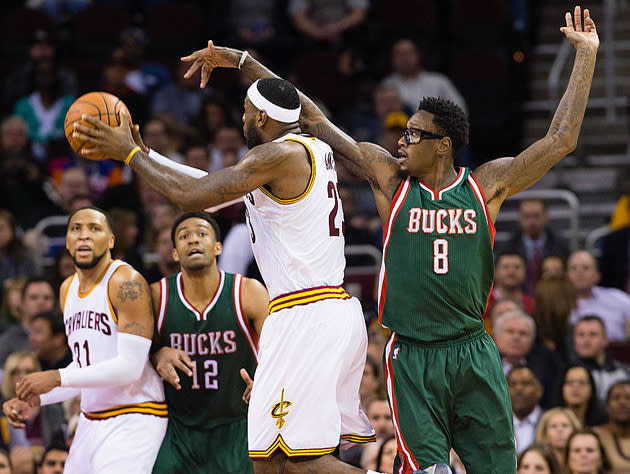LeBron James and Larry Sanders match up. (Getty Images)
