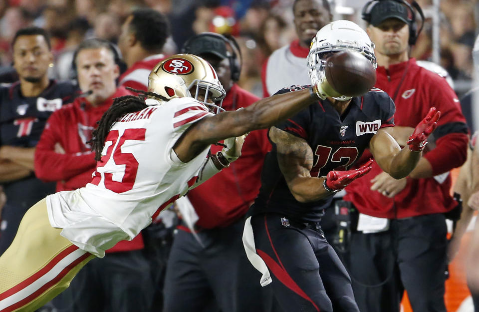 49ers cornerback Richard Sherman of the San Francisco 49ers breaks up a pass on Thursday night. (Getty Images)