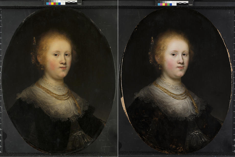 The painting before, left, and after, right, it was restored