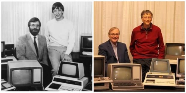 In 2013 at the Living Computers Museum, Bill Gates and Paul Allen recreated a famous photo from 1981 surrounded by PCs. (Photos: Microsoft and Vulcan)