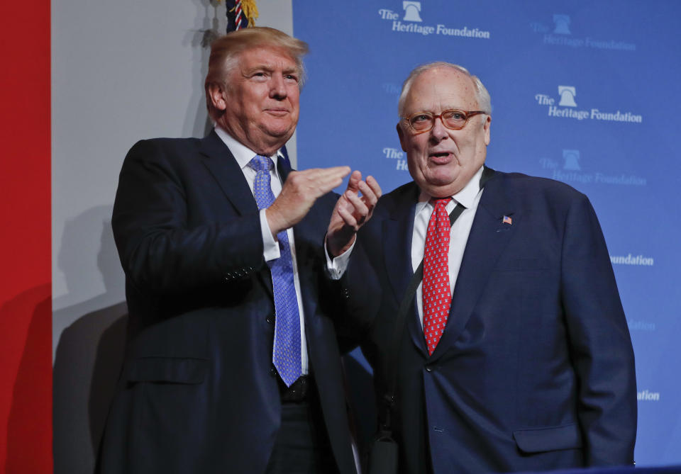 <span class="s1">President Trump with Heritage Foundation founder and president Ed Feulner at the Heritage Foundation’s President’s Club meeting last October. (Photo: Pablo Martinez Monsivais/AP)</span>