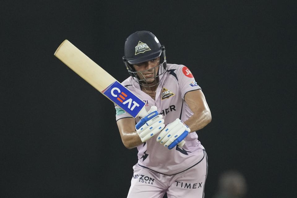 Gujarat Titans' Shubman Gill watches his shot during the Indian Premier League cricket match between Gujarat Titans and Sunrisers Hyderabad in Ahmedabad, India, Monday, May 15, 2023. (AP Photo/Ajit Solanki)