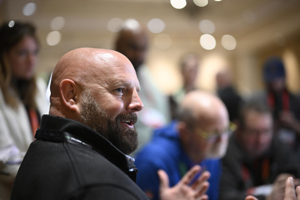New York Giants head football coach Brian Daboll talks with reporters during an NFC coaches availability at the NFL owners meetings, Tuesday, March 26, 2024, in Orlando, Fla. (AP Photo/Phelan M. Ebenhack)