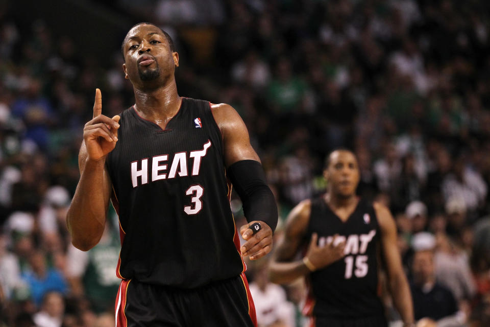 Dwyane Wade #3 of the Miami Heat gestures on court in the firsthalf against the Boston Celtics in Game Four of the Eastern Conference Finals in the 2012 NBA Playoffs on June 3, 2012 at TD Garden in Boston, Massachusetts. (Photo by Jim Rogash/Getty Images)