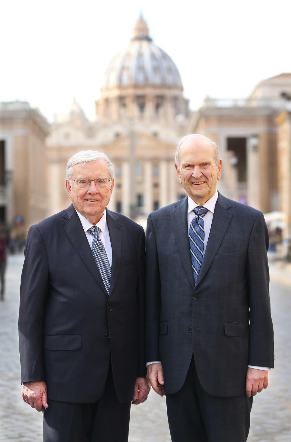 President Russell M. Nelson of The Church of Jesus Christ of Latter-day Saints and President M. Russell Ballard, acting president of the Quorum of the Twelve Apostles, pose near the Vatican in Rome, Italy, on Saturday, March 9, 2019, after meeting with Pope Francis. | Jeffrey D. Allred, Deseret News