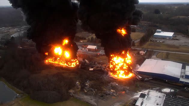 A frame grab from drone video taken by the Columbiana County Commissioner’s Office shows towering flames and columns of smoke from the 