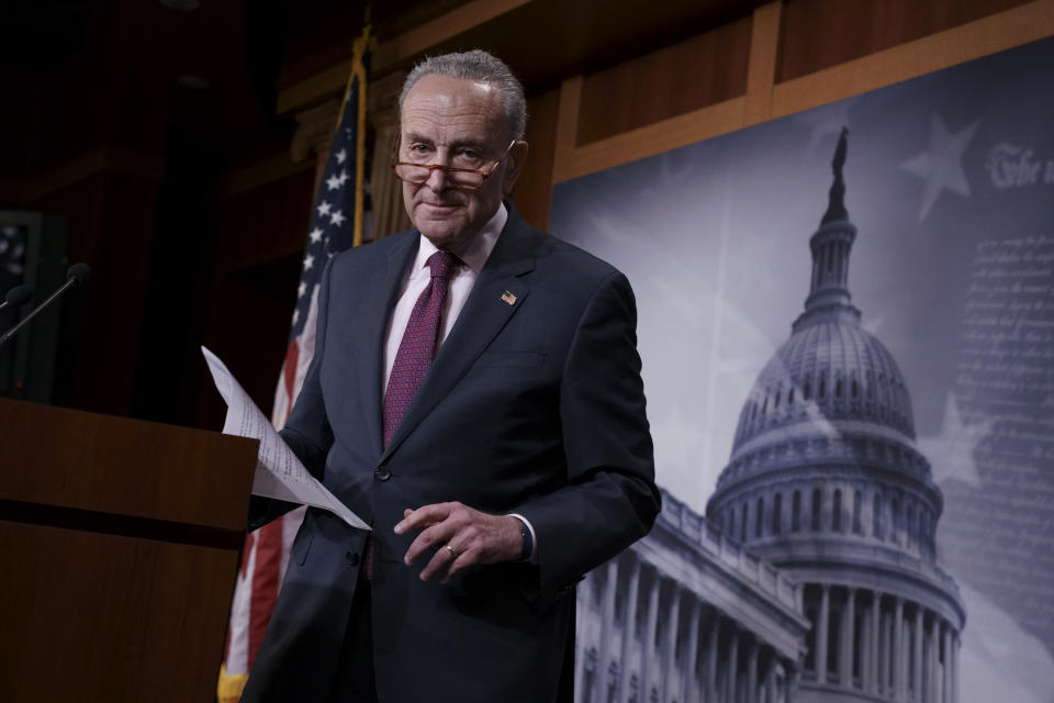 Senate Minority Leader Chuck Schumer, D-N.Y., finishes a news conference about the report by the Justice Department's internal watchdog that concluded the FBI was justified in opening its investigation into ties between the Trump presidential campaign and Russia and did not act with political bias, on Capitol Hill in Washington, Monday, Dec. 9, 2019. (AP Photo/J. Scott Applewhite)
