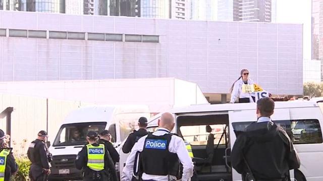 A climate protest caused chaos in Melbourne after blocking a major freeway exit during peak hour. Picture: 9NEWS