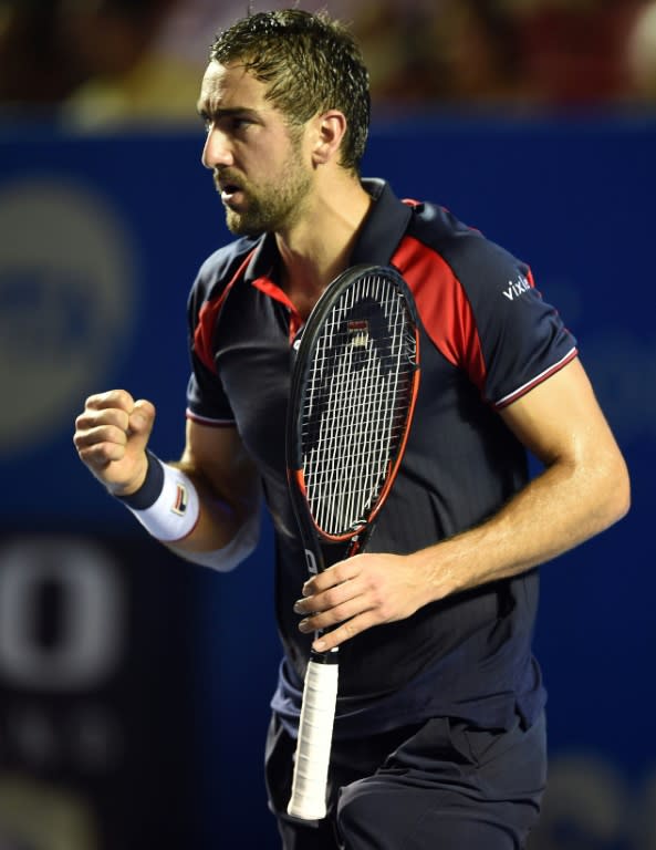 Croatia's Marin Cilic celebrates after scoring a point during his ATP Acapulco tournament match against compatriot Borna Coric, in Mexico, on March 1, 2017