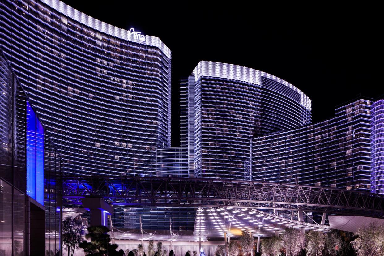 Las Vegas, USA - February 2, 2011: Night view of the MGM CityCenter Aria Resort entrance located on the Las Vegas Strip. CityCenter is a mixed use complex with multiple casinos, hotels, residential towers and a luxury goods shopping center.