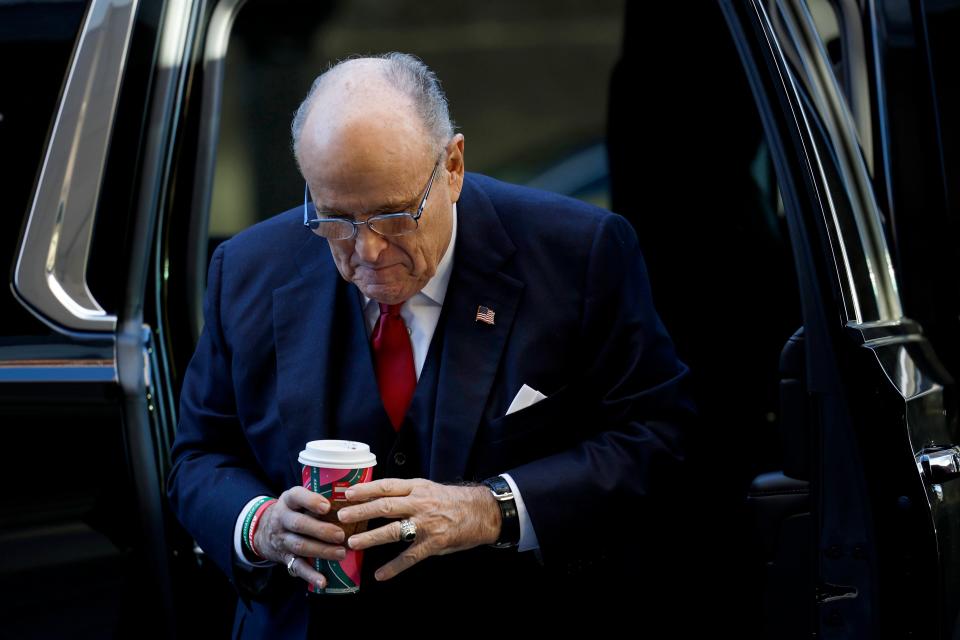 Rudy Giuliani, the former personal lawyer for former U.S. President Donald Trump, arrives to the E. Barrett Prettyman U.S. District Courthouse on December 15, 2023 in Washington, DC. A jury will continue deliberating over the money owed by Giuliani for the defamation of the Fulton County election workers Ruby Freeman and Shaye Moss.