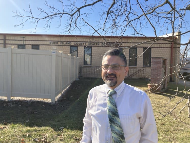 Verastegui pictured outside the county health department offices, 2112 25th Ave., Rock Island, on Feb. 26, 2024 (photo by Jonathan Turner).