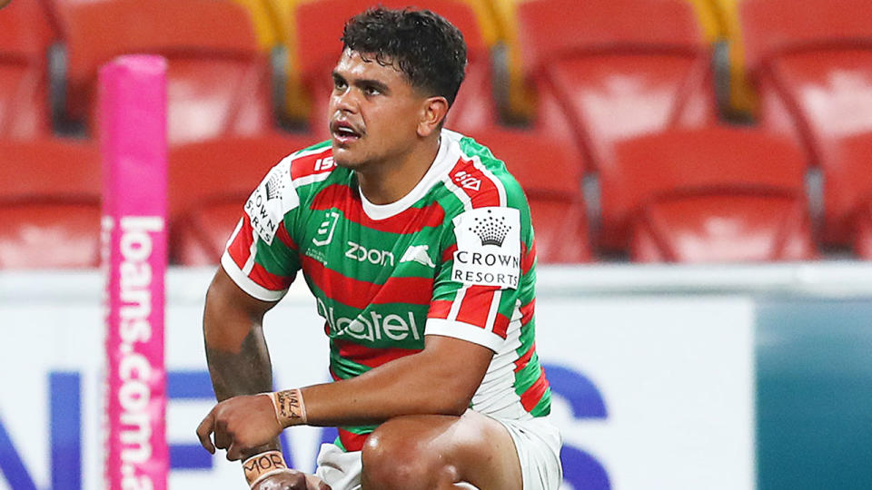 Pictured here, Latrell Mitchell for the Rabbitohs in round two against the Broncos.