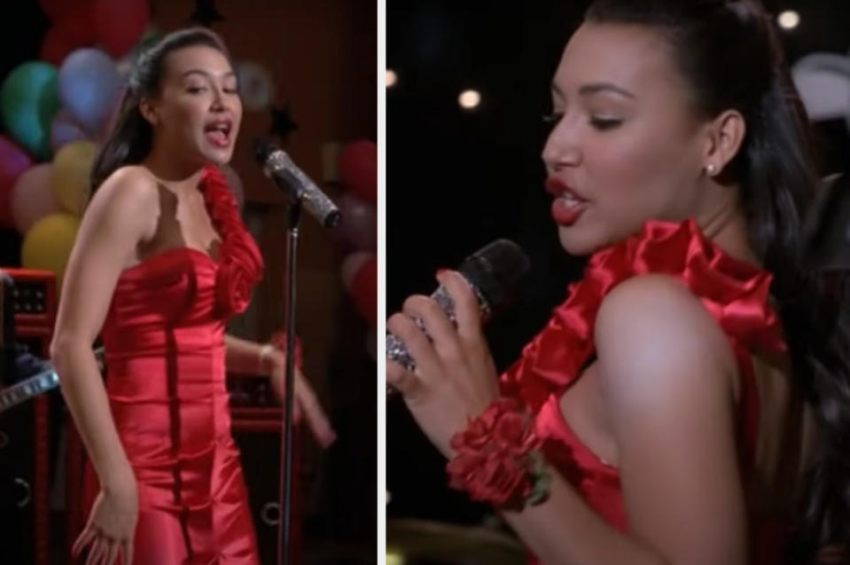 Santana performs on stage at her prom wearing a one-strap red gown