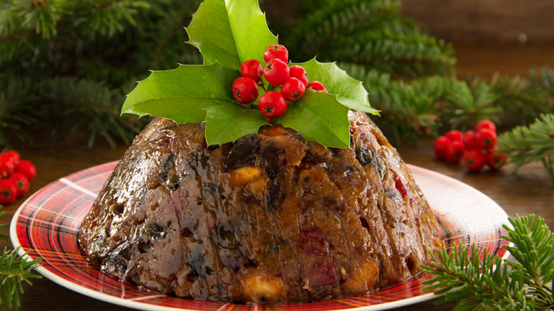 Figgy Pudding with holly berry garnish