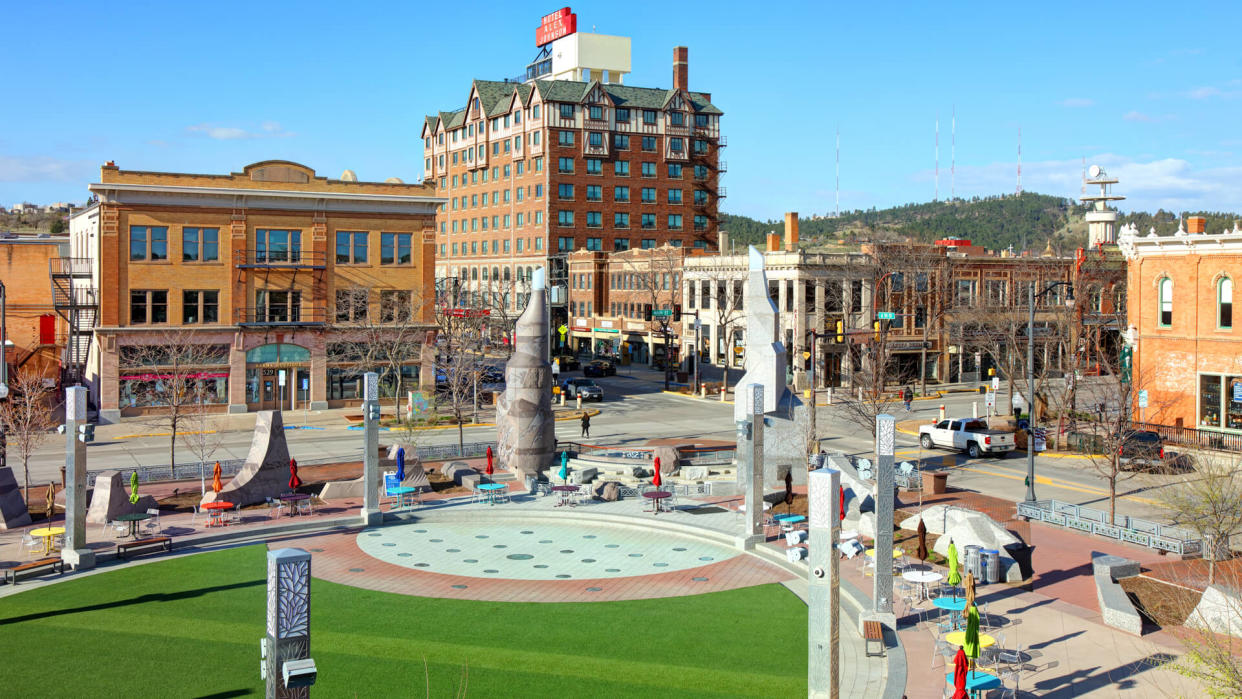 Rapid City, South Dakota, USA - May 3, 2019: Daytime view of Main Street Square in the Heart of Downtown Rapid City.
