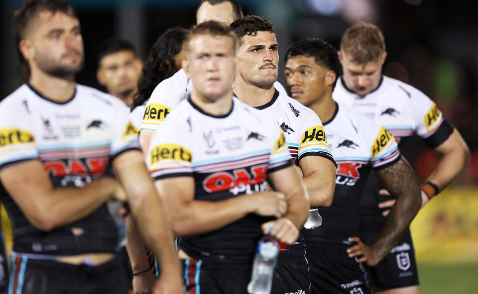 Nathan Cleary and the Panthers, pictured here after their loss to St Helens in the World Club Challenge in 2023.