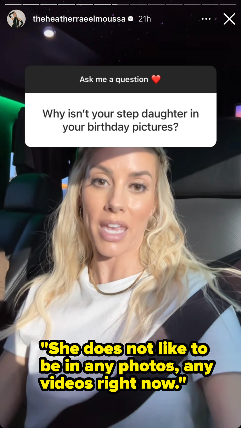 Heather Rae El Moussa is seen in a social media post answering a question about her stepdaughter not being in her birthday pictures