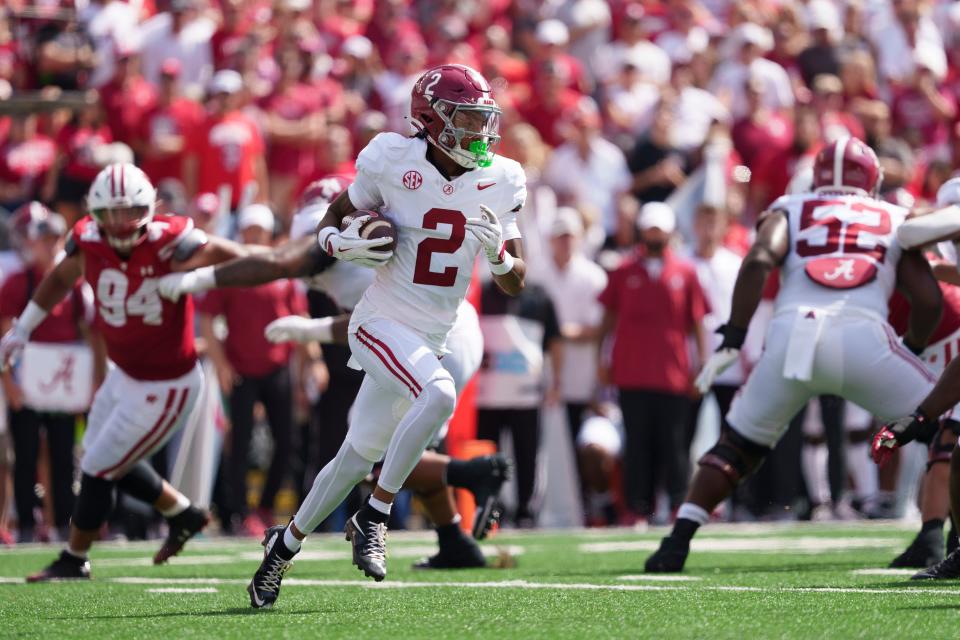 Sep 14, 2024; Madison, Wisconsin, USA; Alabama Crimson Tide wide receiver Ryan Williams (2) during the game against the Wisconsin Badgers at Camp Randall Stadium. Mandatory Credit: Jeff Hanisch-Imagn Images