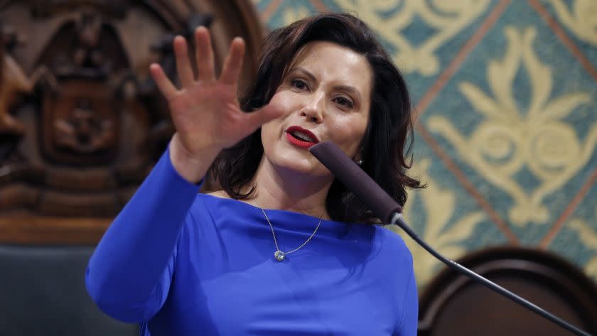 FILE - Ion this Feb. 12, 2019 file photo, Michigan Gov. Gretchen Whitmer delivers her State of the S